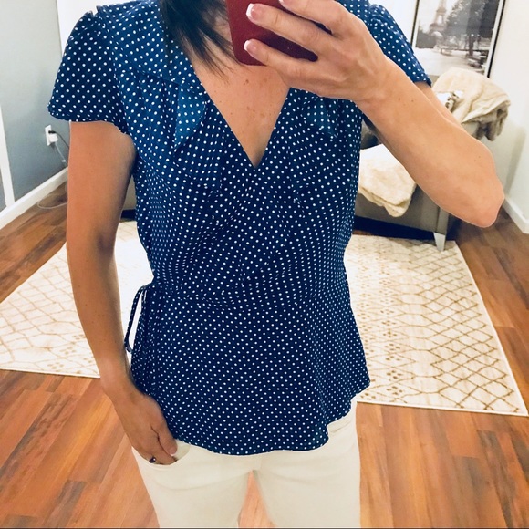 Como Vintage Blue Polka Dot Ruffle Wrap Top PS - Picture 2 of 7